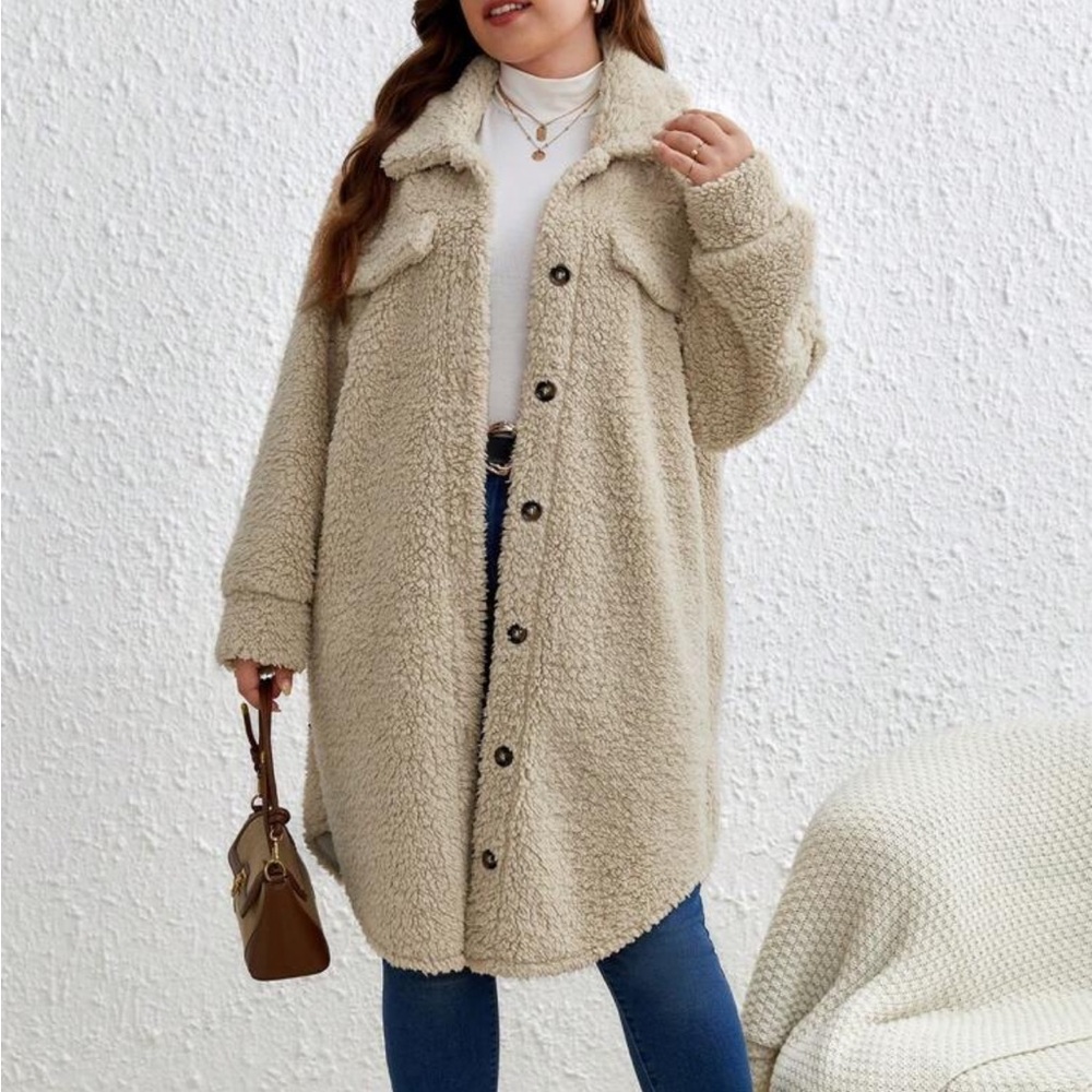 SHEIN Frenchy Plus Size Flap Detail Drop Shoulder Teddy Coat